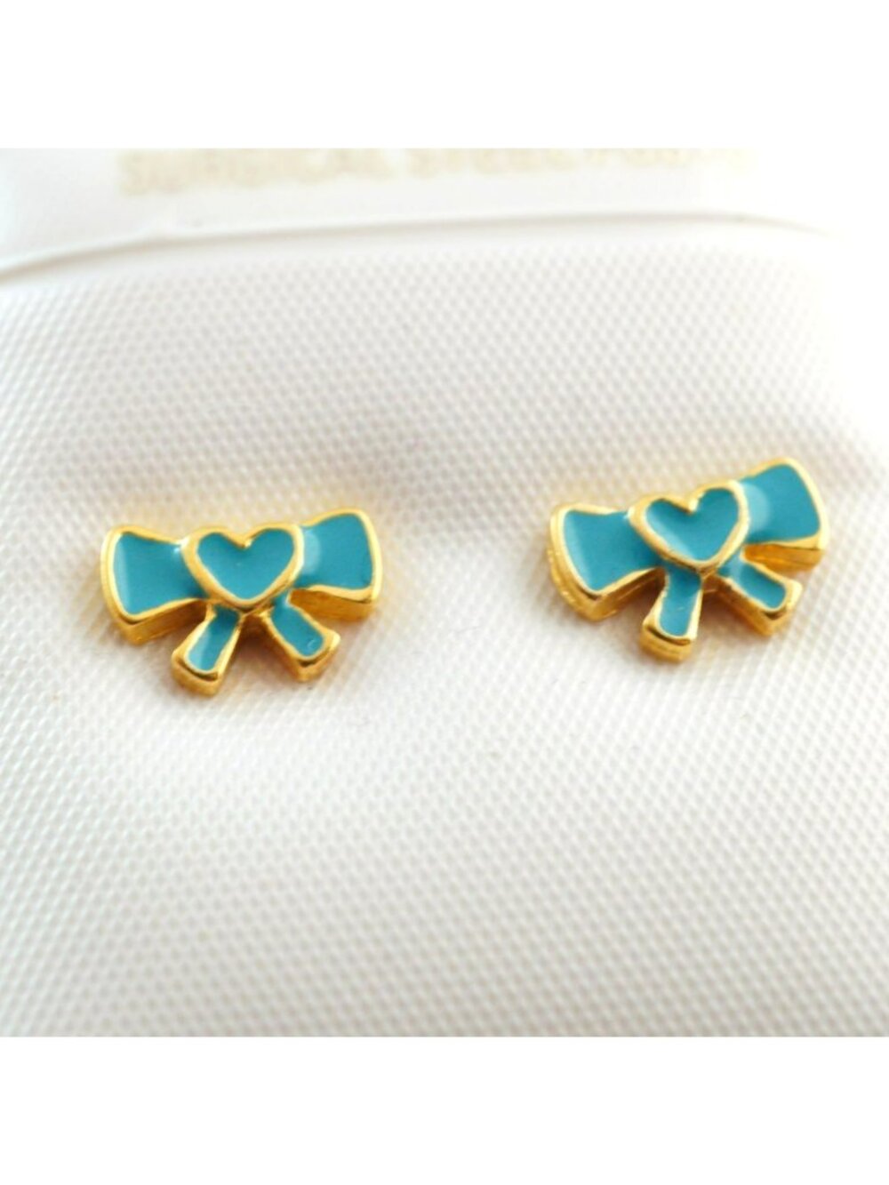 Gold Tone Blue Enamel Bow Heart Stud Earrings Surgical Steel Posts